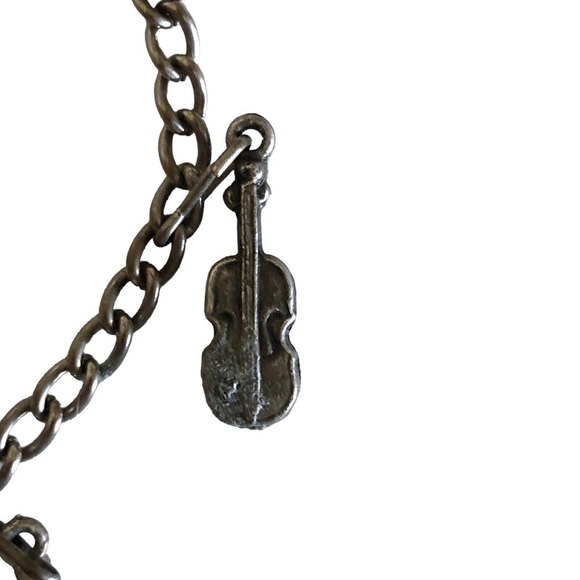Antique Art Deco Metal Charm 7.￼25” Bracelet 5 Charms Ships Violin Binoculars - Picture 4 of 10